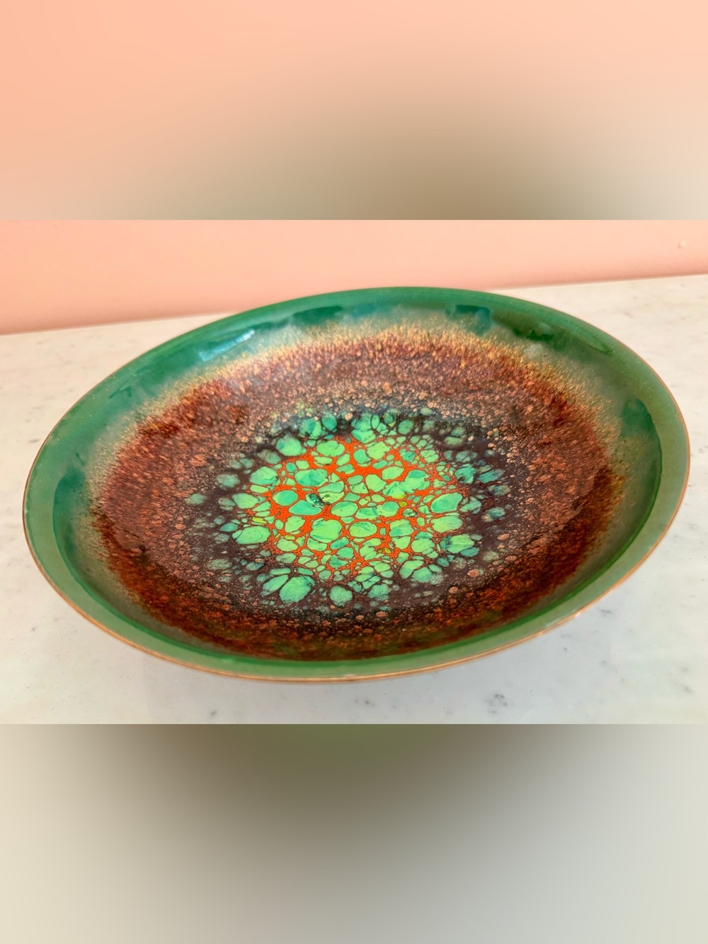 Vintage Enamelled Copper Decorative Bowl in Glossy Green, Brown and Orange, MCM